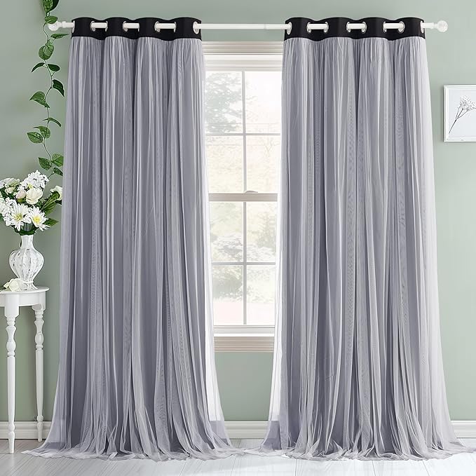 PONY DANCE Curtains for Living Room Blackout Curtains and White Sheer Overlay Double Layer Grommet Drapes for Bedroom with Tiebacks, cortinas para sala modernas (52x72 inches, Black, 2 Pieces)