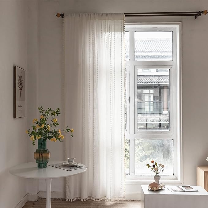 Deeprove White Boho Curtains 84 Inches Long for Bedroom Living Room, Cream Chic Linen Cotton Embroidered Semi Blackout Bohemian Farmhouse Window Treatment Drape Vintage Tassels, 1 Panel W52 x L84