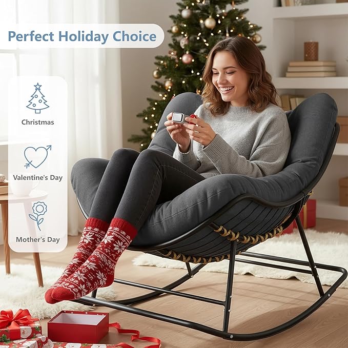 SWITTE Outdoor Papasan Rocking Chair, Oversized Egg Lounge Chair with Thick Cushion, Supports 450 lbs, Comfy Rocker for Patio, Balcony, Porch, or Indoor Living Room-Dark Grey