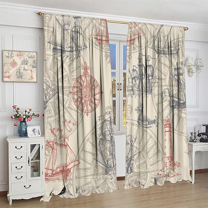 Abstract Nautical Curtain Set Seahorse Curtain for Kids Yellow Polyester Fabric Bedroom Curtain Set 2 Panels,55x63 Inches