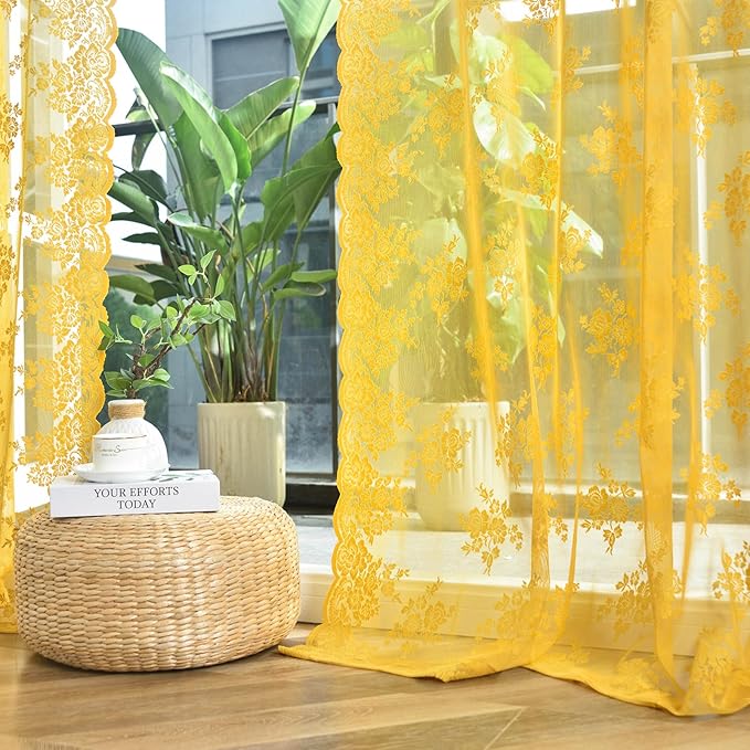 Kotile 72 Inch Gold Lace Curtains 2 Panels, Country Rustic Retro Mustard Yellow Sheer Lace Curtains 72 Inches Long for Living Room, Rod Pocket Light Filtering Privacy Window Curtain Drapes, 52 x 72 In