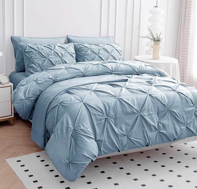 Lane Linen Twin Comforter Set with Sheets, Pillowcase & Sham - Bed in a Bag, 5 Piece - Pintuck - French Blue