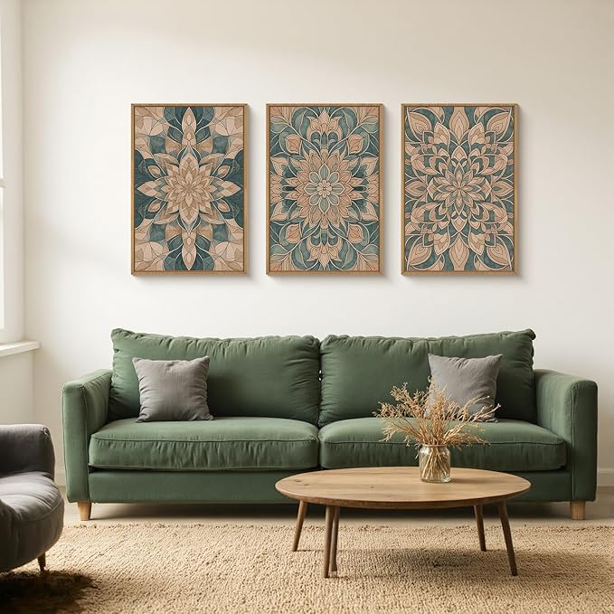HLNIUC Mandala Flower Wall Art Set of 3, Green Scandinavian Botanical Framed Wall Decor(16x24),Norwegian Folk Art Canvas, Bohemian Mexican Vintage Plant Print for Living Room, Bedroom, Office