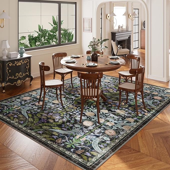 AMTOVO 5x7 Washable Area Rugs for Living Room, Vintage Boho Floral Distressed Print Non-Slip Carpet, Soft Colorful Accent Rug for Bedroom Dining Room Playroom Nursery Farmhouse Girls Room, Black