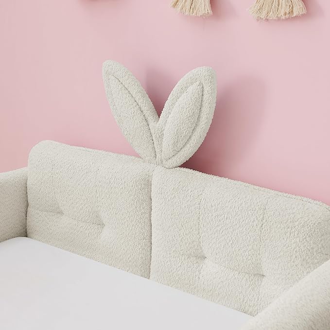 Twin Bed with Rails, Montessori Bed Frame for Toddlers, Boucle Upholstered Platform Bed with Rabbit Ear Headboard, for Kids & Teens, Beige