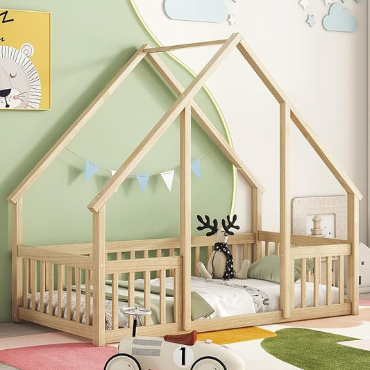 Bellemave Twin Size Wood House Bed Frame for Kids, Montessori Floor Bed with Fence, Playhouse for Girls and Boys, Natural