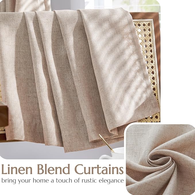 jinchan Taupe Linen Blend Curtains for Bedroom 63 Inch Length 2 Panels Curtains for Kichen Room, 50 Inch Wide Farmhouse Drapes with Rod Pocket Back Tab(50W x 63L, Taupe)