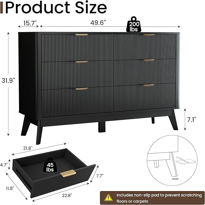 SUNWAVE 6 Drawer Dresser for Bedroom, 49.6" Wide Modern Fluted Dresser with Round Corner, Wood Chest of Drawers for Living Room