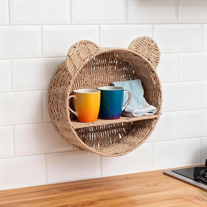 Bear-Shaped Wicker Wall Shelf – Handmade Woven Nursery Bookshelf for Kids Room, Boho Wall-Mounted Storage Organizer for Toys, Books & Décor