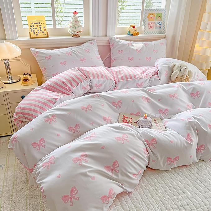 Heart Duvet Cover King Size Pink Bow Bedding Set Girls Kawaii Love Heart Printed Comforter Cover 3 Pieces Ultra Soft Washed Microfiber with Zipper Closure