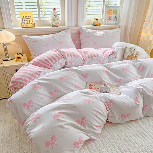 Heart Duvet Cover King Size Pink Bow Bedding Set Girls Kawaii Love Heart Printed Comforter Cover 3 Pieces Ultra Soft Washed Microfiber with Zipper Closure