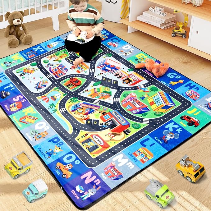 ABC Rug, Toddler Play Rug 4x6 Feet, Extra Thick (0.4in) Washable Baby Play Mat for Floor, Classroom Carpet Non-Slip for Learning, Alphabet, Nursery Mat for Crawling & Fun & Playroom Decor