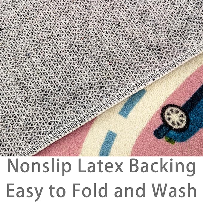 Kids Rug Carpet Hopscotch Play Mat 3x5Ft Pink Car Road Area Rug for Kids Girls Boys Bedroom Playroom Nursery, Nonslip Numbers Educational Children Throw Rug, Indoor Decor, Pink