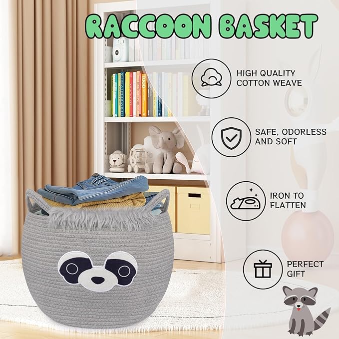 Large Basket for Nursery, Raccoon Blanket Gift Basket, Woven Rope Cotton Storage, Baby Bear Laundry 0rganizer with Ears Handles, Cute Animal Baskets Clothes Gifts Decor Storage Bins,13"D×12"H