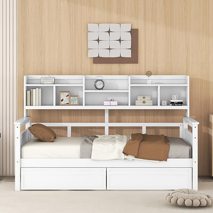 Harper & Bright Designs Twin Daybed with Storage, Wooden Twin Size Bed Frame with Bookcase Headboard and 2 Drawers, Twin Sofa Bed with Shelves for Living Room Bedroom, No Box Spring Need, White