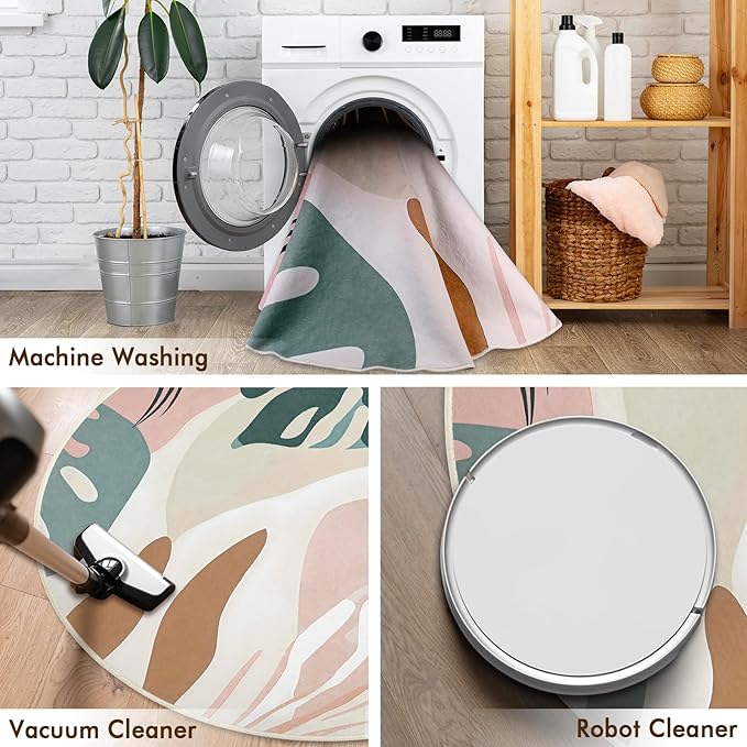 6' Machine Washable Round Area Rug, Non-Slip Abstract Boho Circle Floor Rugs for Kids, Low Pile Room Carpet for Living Room, Bedroom, Dining Room & Nursery(6' Pink Green)