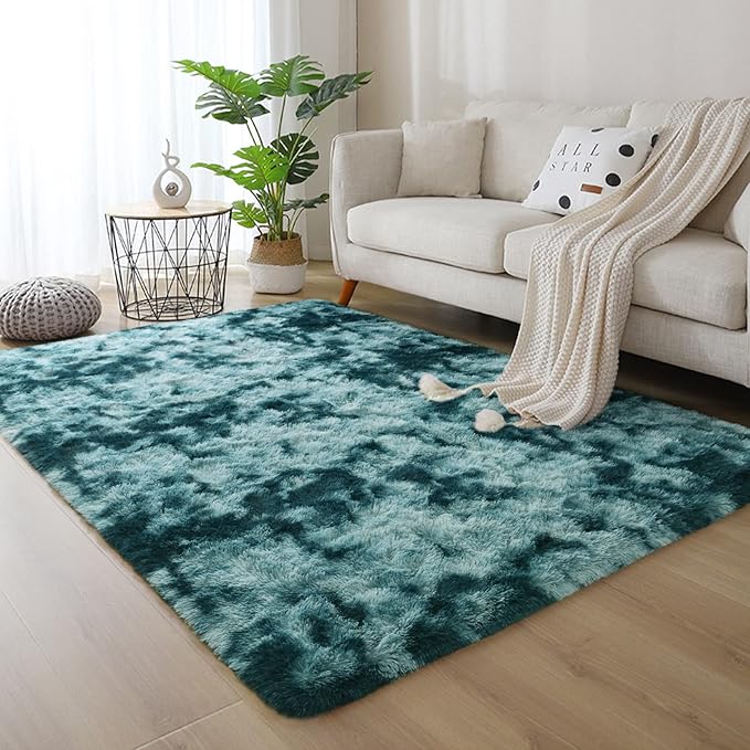 DweIke Fluffy Peacock Blue Rugs for Bedroom Living Room, 5x8 Feet Soft Plush Shaggy Tie-Dyed Teal Blue Girls Boys Kids Rug, Upgraded Non-Slip and Machine Washable Carpet for Dorm Nursery Decor