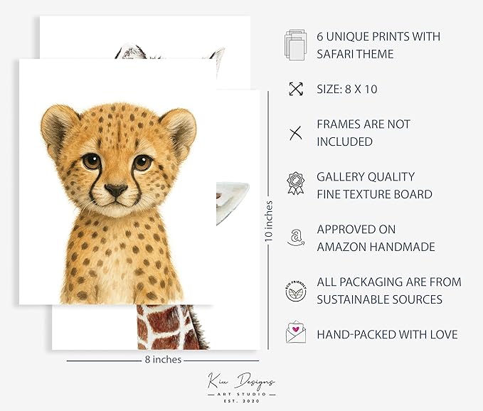 KIU DESIGNS Nursery Wall Art - Unframed Safari Nursery Decor - Set of 6 Animal Wall Decor Gift for Baby - Safari Portrait - 8"x10"