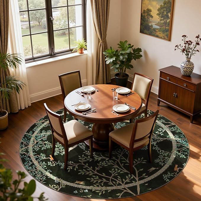 jinchan Yarden Christmas Round Rugs 7ft Moss Green Botanical Birds Print,Machine Washable 7' Circle Nature Plants Modern Soft Non-Slip Kids Throw Area Rugs, Low Pile Carpet for Living Room Bedroom