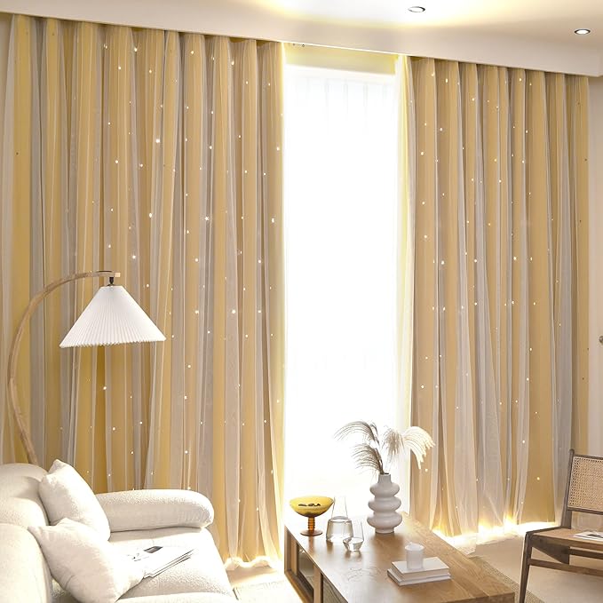 Kinryb Kids Blackout Curtains for Bedroom/Living Room/Classroom, Sheer Overlay 2 Panel Set, Double Layer Curtains with Star Cutout for Kids Room(Each Piece W 70 x L 95 Inches 2 Pcs Yellow)