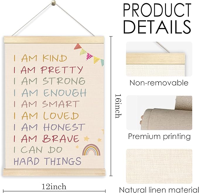 BESERH Positive Affirmations for Kids Wall Art Posters, Boho Rainbow Nursery Decor, I Am Kind Pretty Strong Inspirational Canvas Prints Artwork Framed for Toddler Room Nursery Playroom, 12x16 Inch