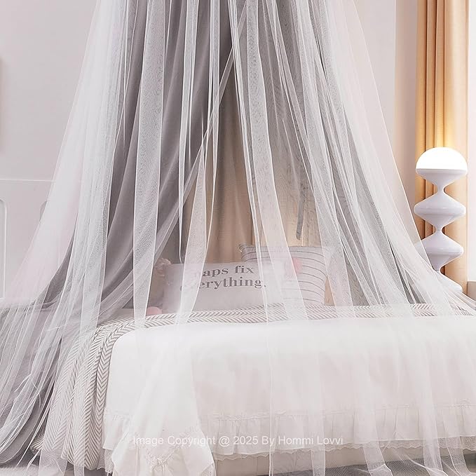 Double Layers Bed Canopy with Star Lights, 3 Pieces Layers Canopy for Girls Bed, Princess Round Dome Dreamy Play Tent, Hanging Kids Reading Nook Mosquito Net, Machine Washable - Gray