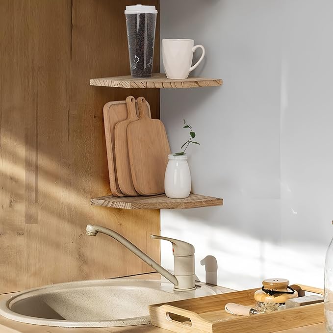 Corner Wall Shelves Set of 2, Rustic Wood Corner Floating Shelves with Cable raceway, Wall Mount Storage Display for TV Accessories, Baby Monitor, Speaker, Cable Box (Carbonized, Diamond- 10 Inch)