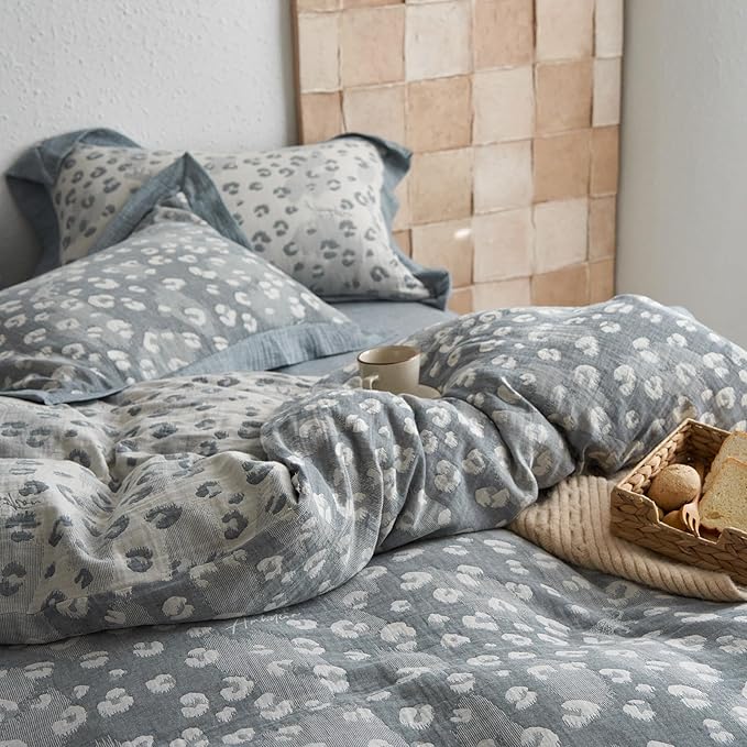 Grey Leopard Print Duvet Cover Queen Yarn-Dyed Cotton Linen Textured Duvet Cover Jacquard Design Bedding Set Queen Vintage Animal Cheetah Print Comforter Cover Leopard Pattern Boho Floral Bedding Set