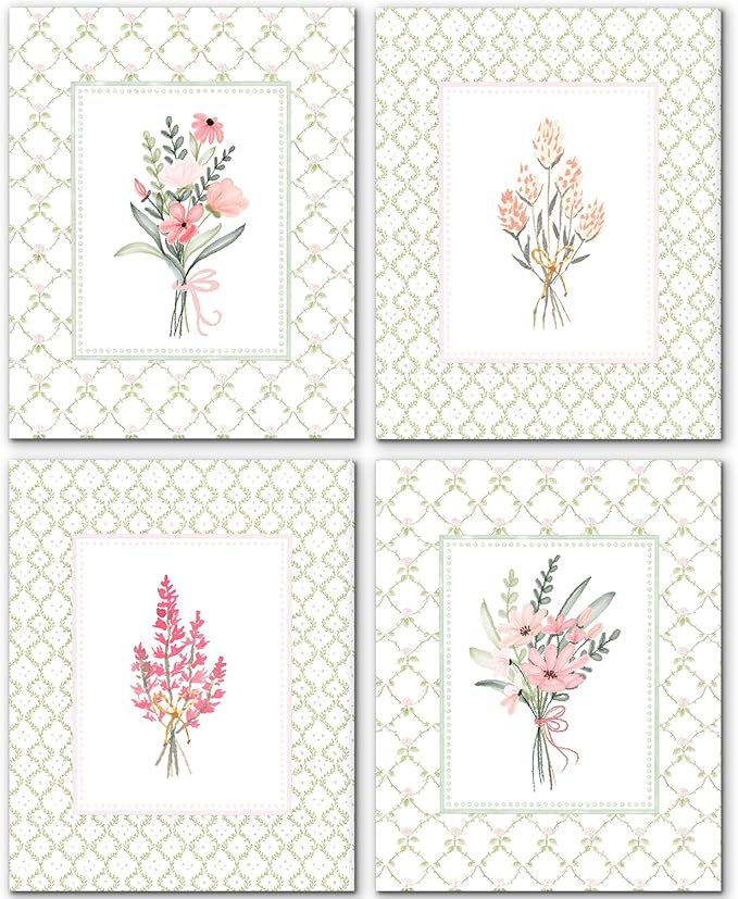 JINYO Rustic Green Plaid Floral Wall Art Prints Set of 4, Floral Room Decor, Boho Cottagecore Botanical Wildflower Posters Pictures Wall Decor Home Bedroom Living Room, 8x10 Unframed