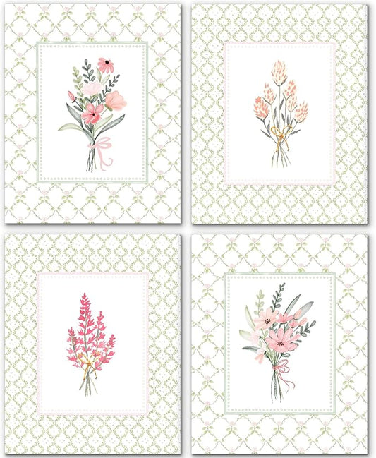 JINYO Rustic Green Plaid Floral Wall Art Prints Set of 4, Floral Room Decor, Boho Cottagecore Botanical Wildflower Posters Pictures Wall Decor Home Bedroom Living Room, 8x10 Unframed