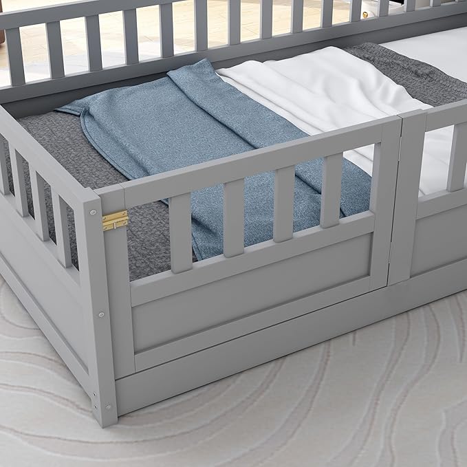 Ball & Cast Twin Size Montessori Floor Bed with Baffle Design & Open Door,Toddler Floor Bed Frame W/Fence and High Guardrails,Wooden Playhosue Bed for Girls and Boys,No Box Spring Needed,Grey