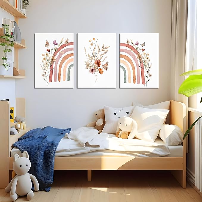 AKWISH Boho Rainbow Wall Art for Girls Room - Set of 3 Framed Wildflower Canvas Prints for Nursery, Baby Girl Room, Kids or Dorm Decor - Soft Pastel Botanical Bohemian Wall Decor 16x24in