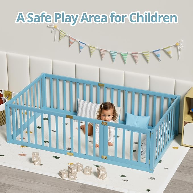 LLS Twin Size High Fence Floor Bed, Solid Wood Multifunctional Montessori Bed Frame with Door for Toddler Kids, Without Slats, Sky