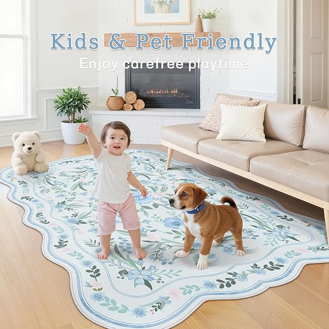 Scalloped Blue Floral Rug 6x9, Washable Soft Faux Wool Area Rug for Living Room, Cute Boho Non-Slip Carpet for Kids Room, Nursery, Bedroom or Office