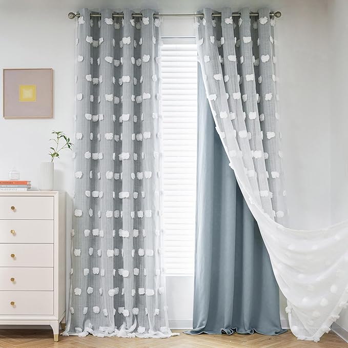MYSKY HOME Dusty Blue Living Room Curtains 90 Inch Long Double Layer Blackout Curtains for Bedroom White Pom Pom Sheer Curtains for Kids Room Darkening Grommet Top Nursery Window Panels 52 x 90 in