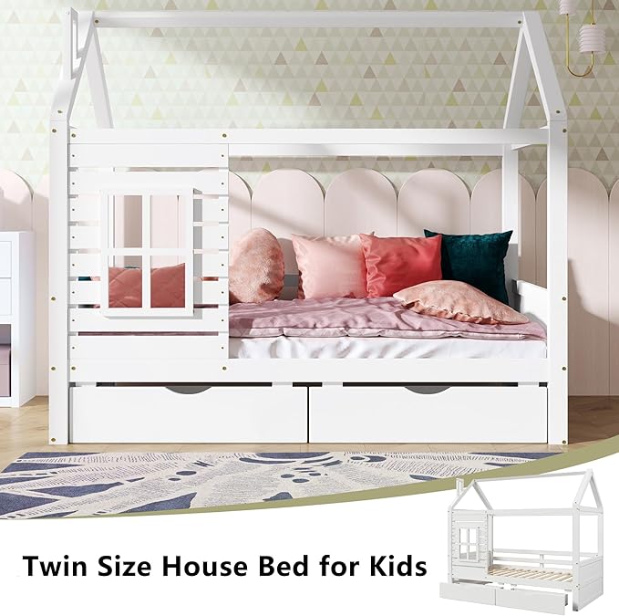 Aoowow Full Size Kids House Bed with 2 Drawers, Wooden Full Bed Frame with Window and Roof for Bedroom, Modern Full Size Kid Playhouse Daybed with Slats for Boys Girls, Can be Decorated, Full-White