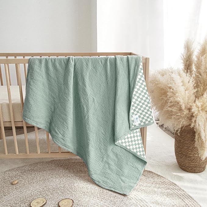 lulumoon Checkered Baby Blankets for Boys: Muslin Cotton Toddler Blanket for Daycare - Soft Lightweight for Nursery Stroller 47"× 47"（Sage Checkered）