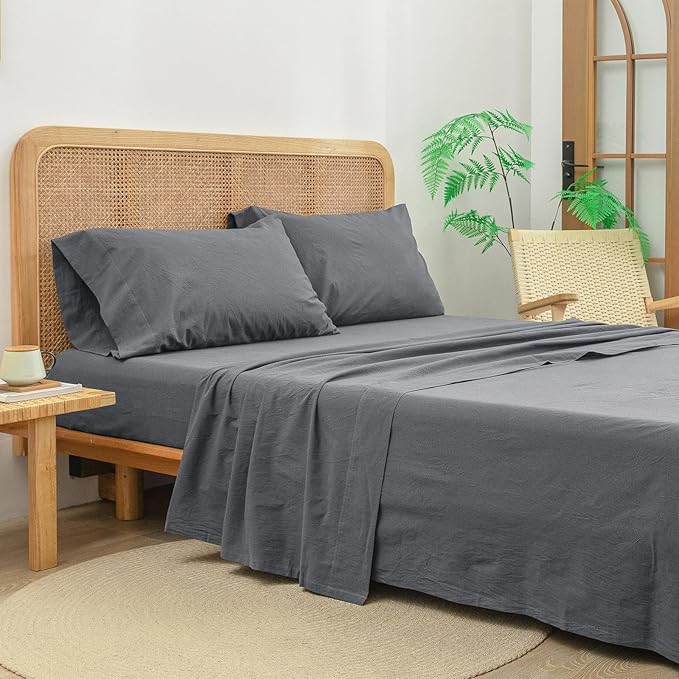 BESTOUCH Sheet Set 100% Washed Cotton Linen Feel Super Soft Comfortable Chic Lightweight 4 Pcs Home Bedding Set Solid Quiet Shade Grey Queen