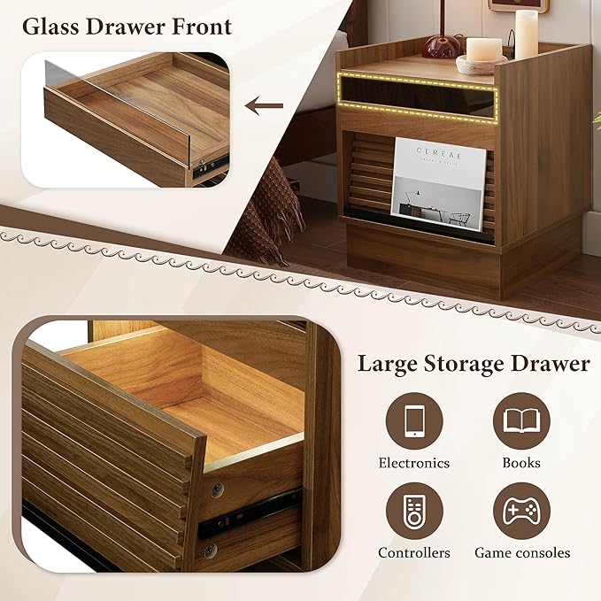 Mid Century Modern Nightstand with Charging Station and LED Lights, Bedside Table with 2 Drawers & Open Shelf, Smart End Table for Bedroom or Living Room (Brown+LED)