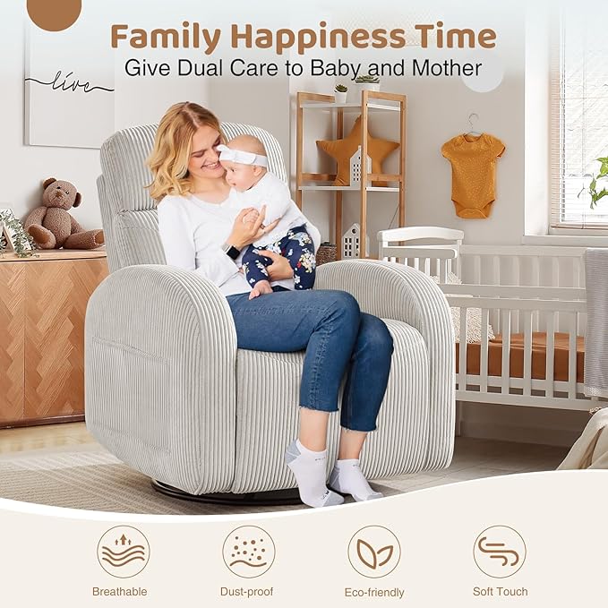 Swivel Recliner Rocker Nursery, Nursering Glider Recliner, Manual Swivel Rocking Reclining with Double Pockets for Living Room,Corduroy Camel