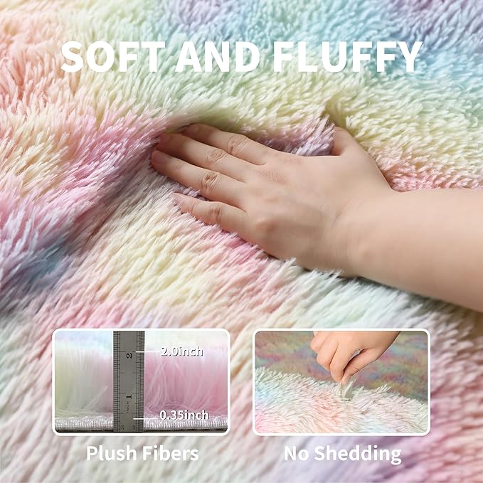 KCHOWUA Fluffy Fuzzy Unicorn Rugs for Girls Bedroom,3x5 Washable Non Slip Shag Shaggy Area Rug for Living Room,Princess Kids Toddler Boys Nursery Dorm Room Classroom Carpets,Rainbow