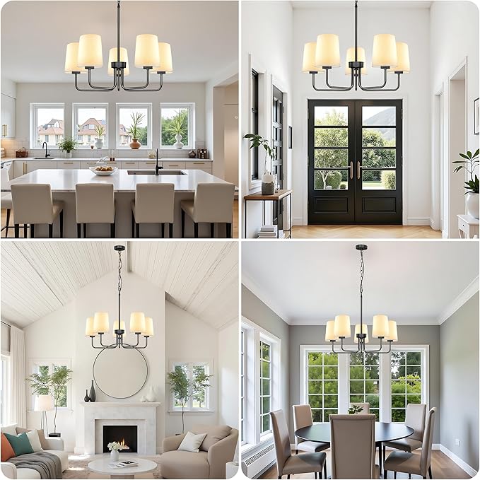 Farmhouse Chandelier, 5-Light Black Chandelier with White Fabric Shade, Height Adjustable Modern Dining Room Light Fixture with E26 Base for Bedroom Foyer Hallway Entryway Kitchen Living Room