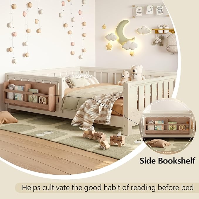 Bellemave Full Size Floor Bed with Slats and Safety Guardrail, Full Size Montessori Floor Bed with Fence and Built-in Bookshelf, Easy Assemble Montessori Beds for Kids, Girls, Boys, Beige