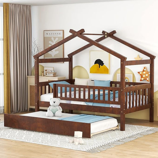 Harper & Bright Designs Twin House Bed with Trundle, Kids Twin Platform Frame Rails and Roof, Tent Bed, Wood Playhouse Twin Montessori for Teens Girls & Boys, No Box Spring Needed (Walnut)