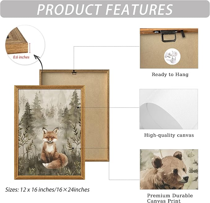 ICHZUMW Woodland Nursery Decor Wall Art Set of 3, Cute Forest Animals Canvas Prints Bear Fox Deer Pictures, Nature Watercolor Paintings for Baby Room Kids Bedroom Playroom, Neutral Artwork, 12x16in