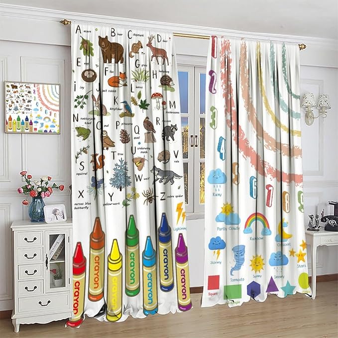 Kids Alphabet Curtain, Funny Cartoon Animal Rainbow Learning, Educational Boys Girls Children Printed Rod Pocket Blackout Window Treatments for Bedroom Living Room Nursery 63" W X 63" L
