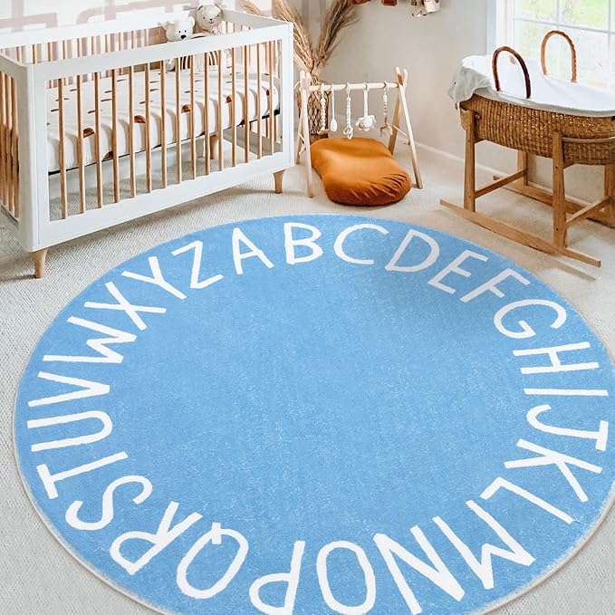 Topotdor Round Kids Play Rug Alphabet Nursery Area Rug Extra Large Soft Crawling Play Mat for Children Toddlers Bedroom (47 inch, Sky Blue)