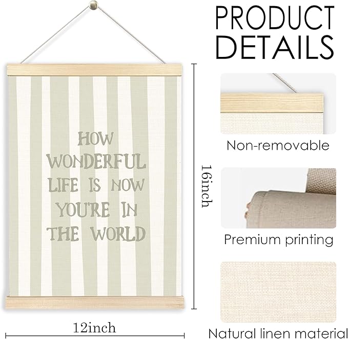 BESERH Sage Green Nursery Wall Art Posters, Nursery Wall Decor, Vintage Striped How Wonderful Life Is Now You're in the World Canvas Prints Artwork Framed Toddler Kids Room, 12x16 Inch