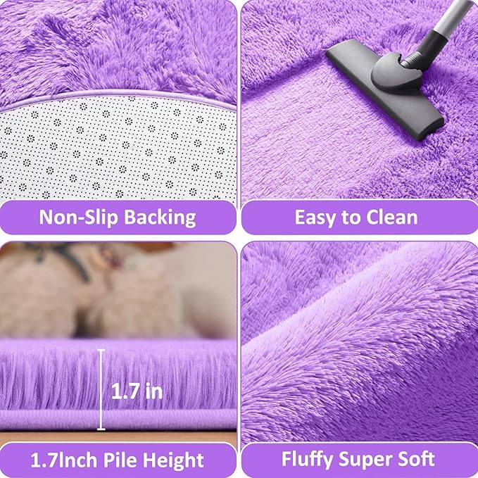 EVOIONOS Purple Round Rug for Living Room, 6x6 Ft Fluffy Soft Circle Area Rugs for Bedroom, Plush Shaggy Circular Carpet for Indoor Floor Bedside Kids Nursery, Machine-Washable Home Decor Aesthetic