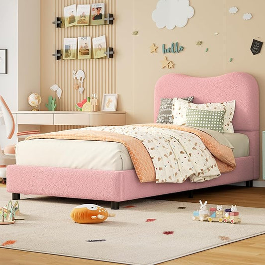 Senfot Pink Twin Kids Bed Frame with Upholstered Headboard, Low Profile Sturdy Platform Bed with Soft Boucle Fabric for Girls and Boys, Heavy Duty, Wooden Slats, Noise Free, No Box Spring Needed